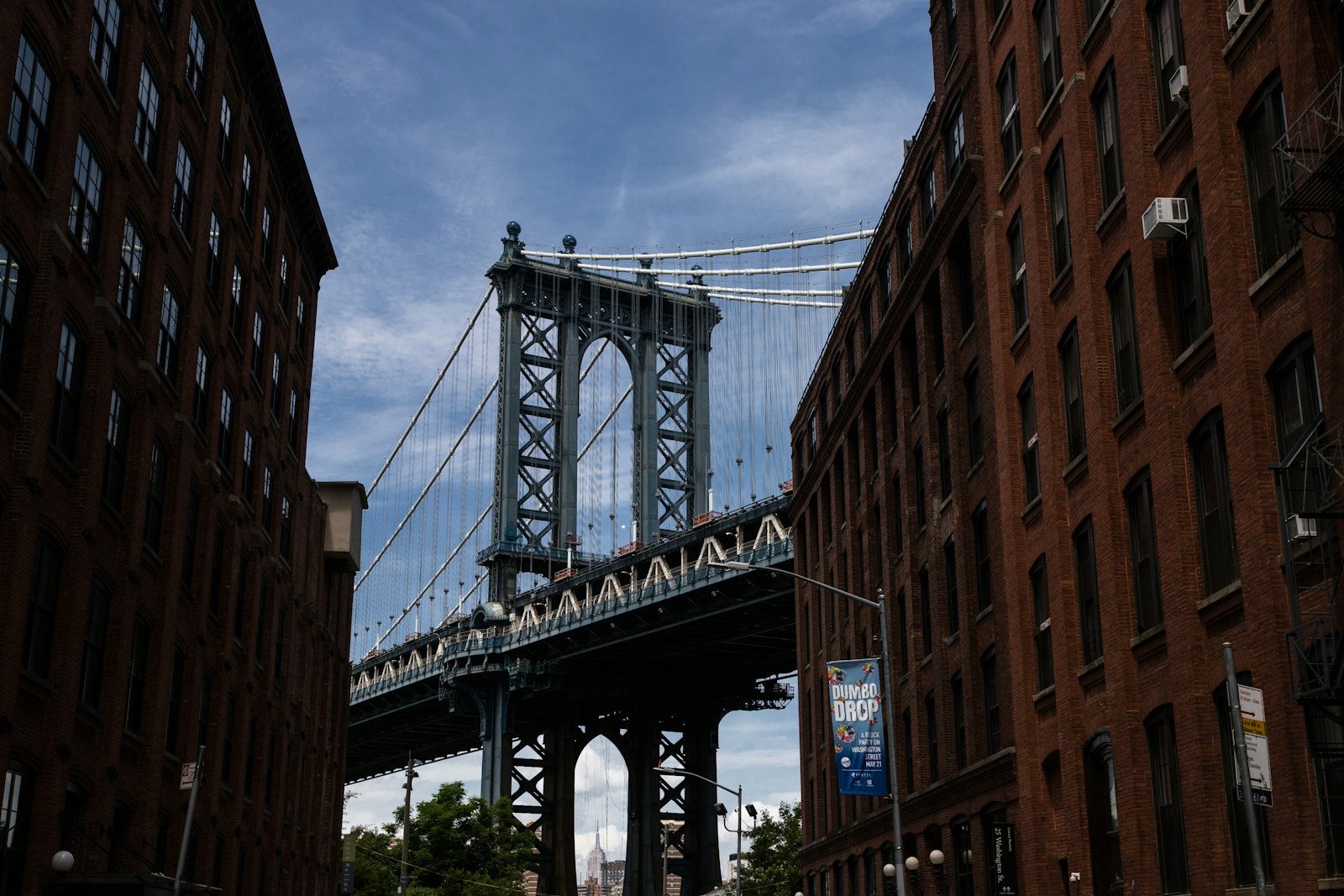 Manhattan Bridge framed by DUMBO buildings in Brooklyn