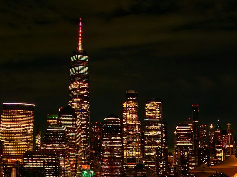 New York waterfront glowing at night