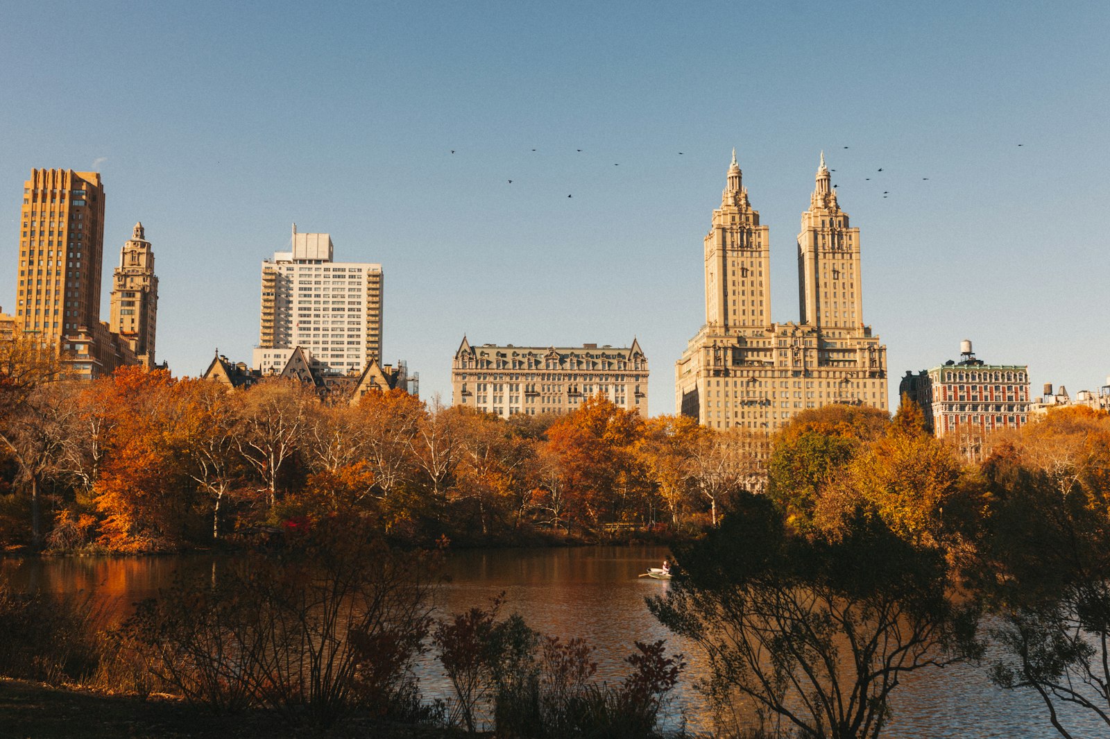 Autumn trees in orange and yellow in front of Manhattan apartment buildings